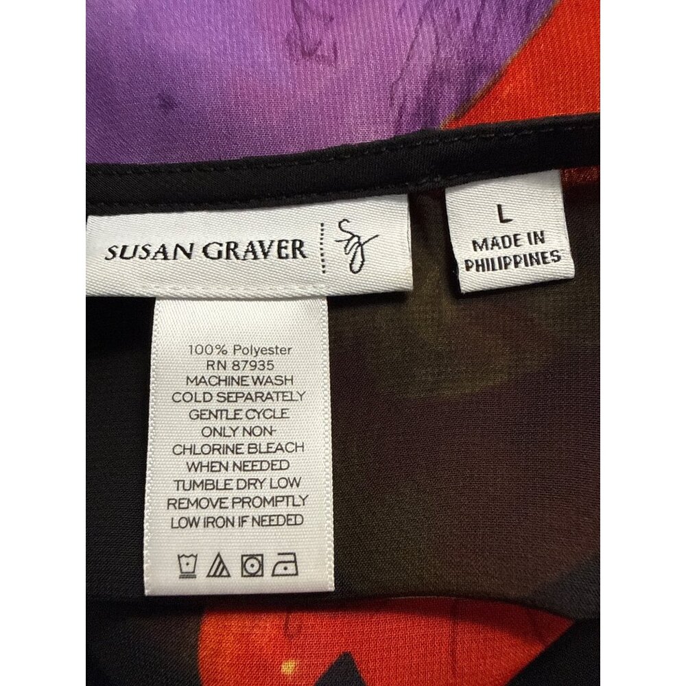 Susan Graver Black Floral Sheer Poncho Blouse Coverup Size L  Purple Red Flowers - Picture 4 of 5